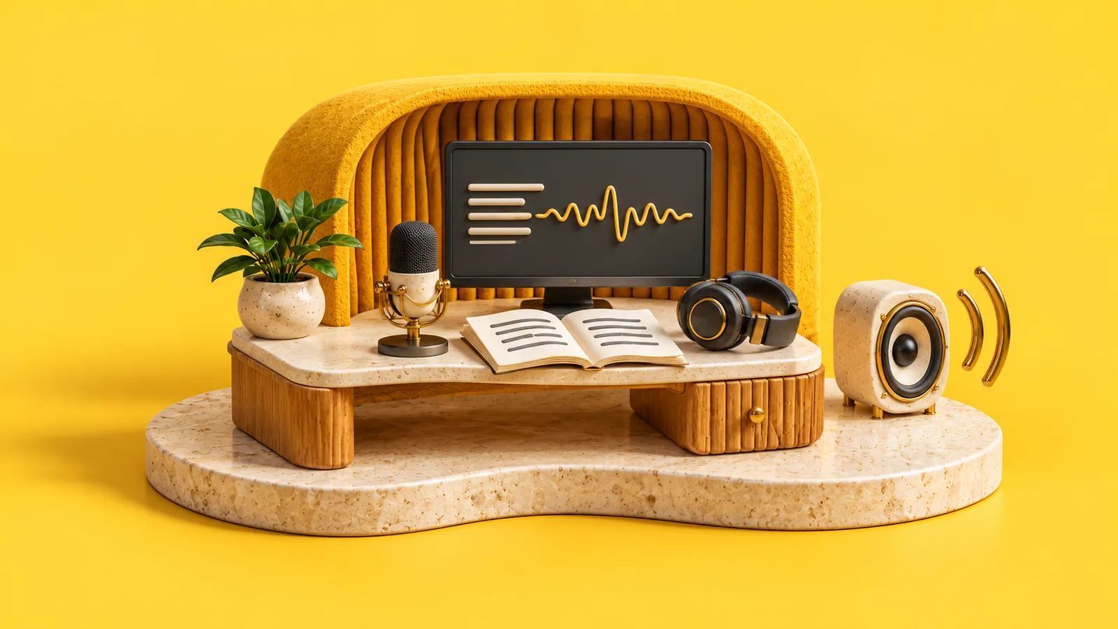 A cosy desk with a microphone, a screen showing a sound wave turning into lines of text, headphones and a speaker