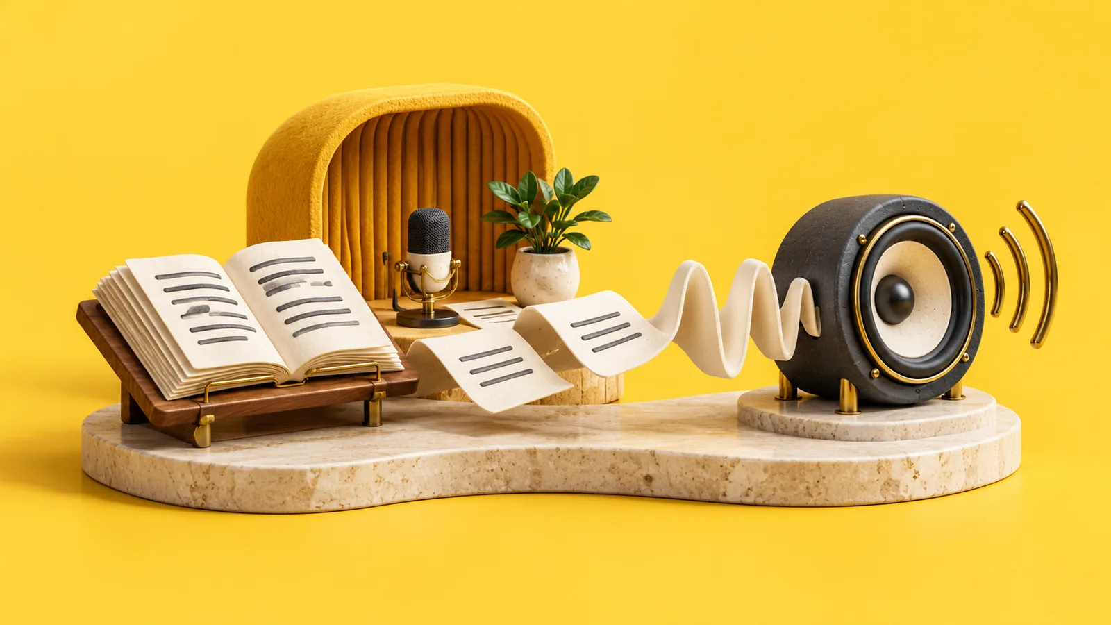 A microphone and an open book, with a ribbon of text flowing into a speaker